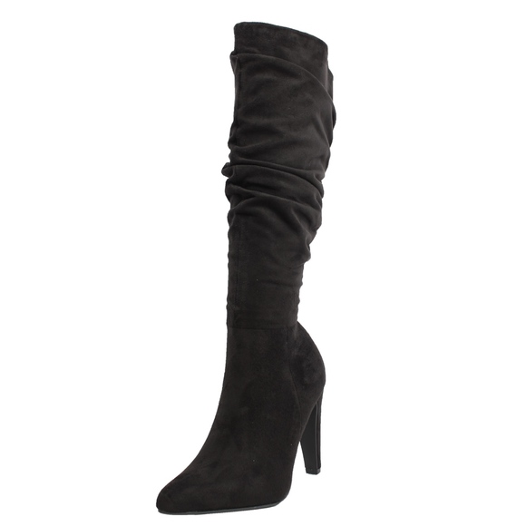 Black Faux Suede Slouchy Knee High Stiletto Boot - Picture 2 of 6